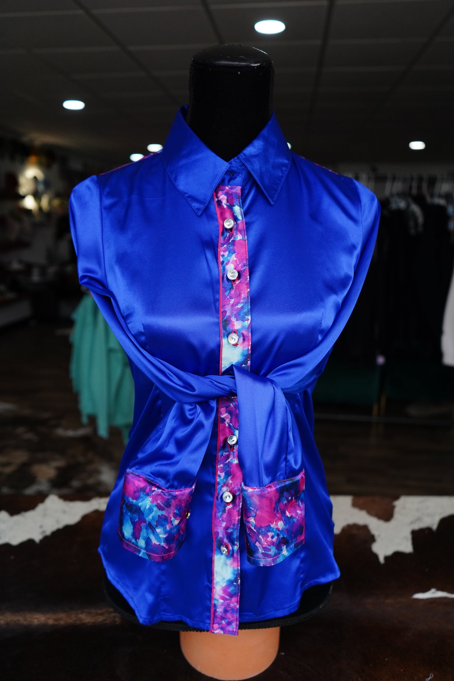 S - Hot Pink n Royal Blue Watercolor on Royal Blue Satin Button Down
