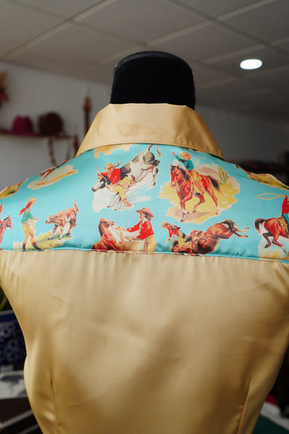 M - Blue Vintage Cowboys on Gold Satin Button Down