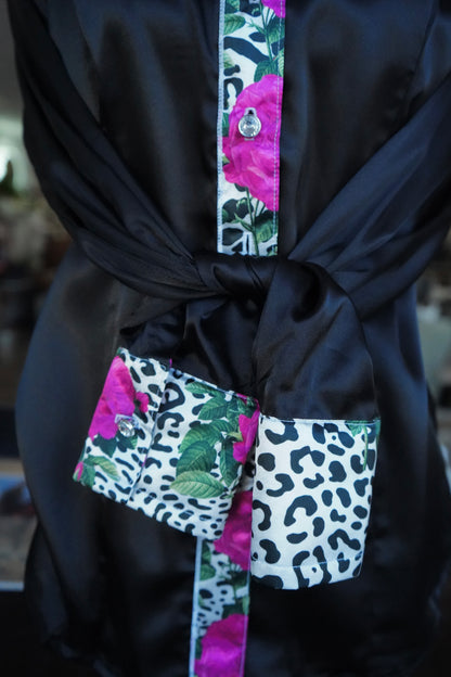M - Snow Leopard & Roses on Black Satin Button Down
