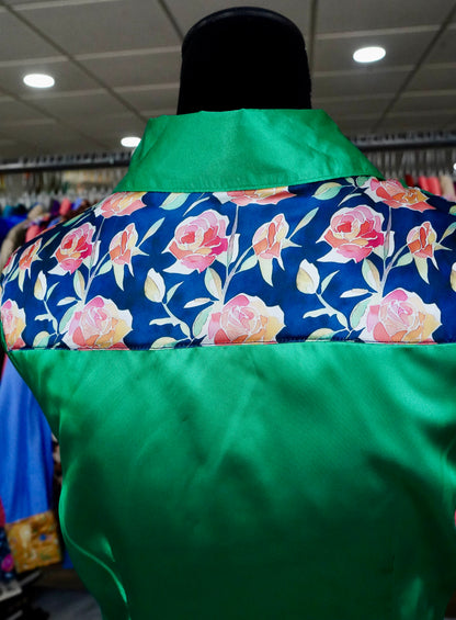 M - Stained Glass Roses on Kelly Green Satin Button Down