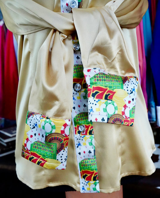 M - Triple 7 on Gold Satin Button Down