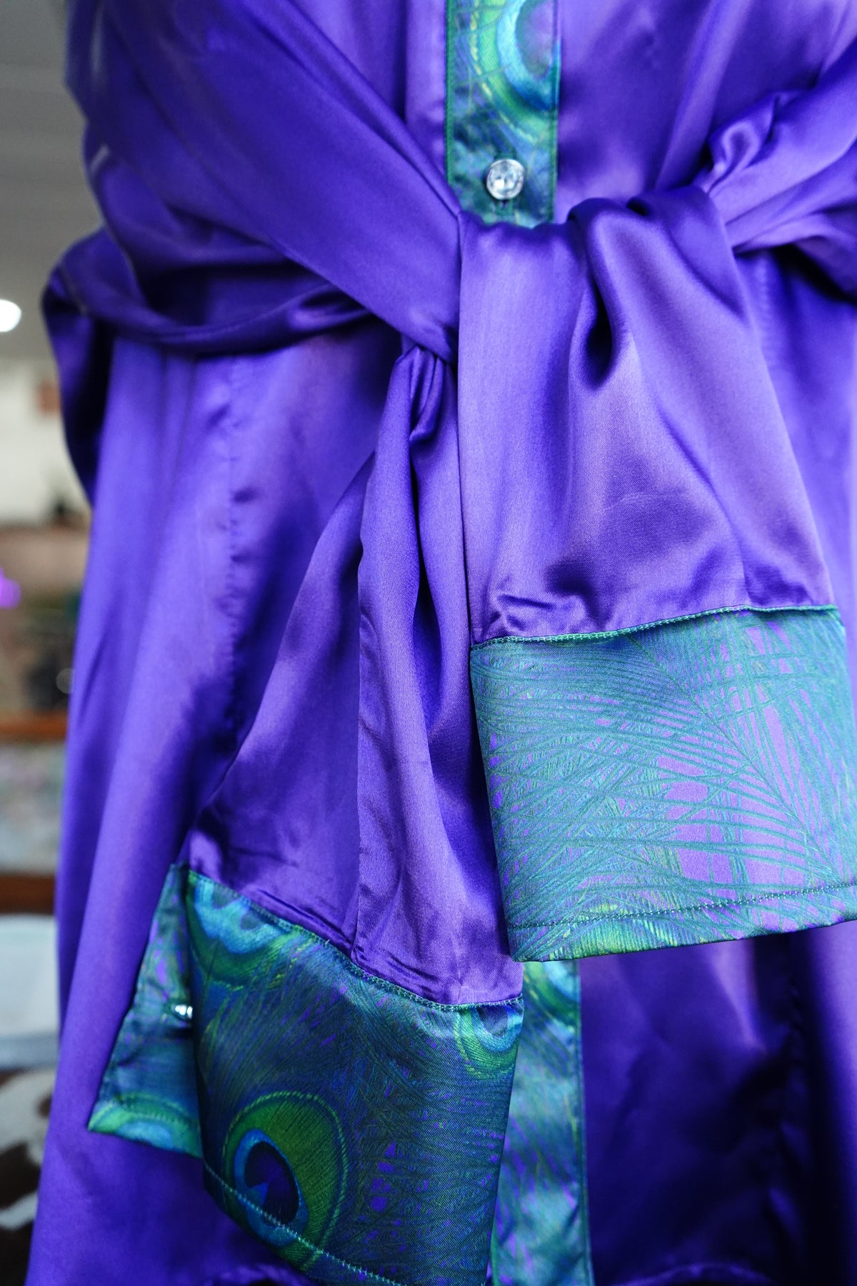 3XL - Peacock Feathers on Purple Satin Button Down