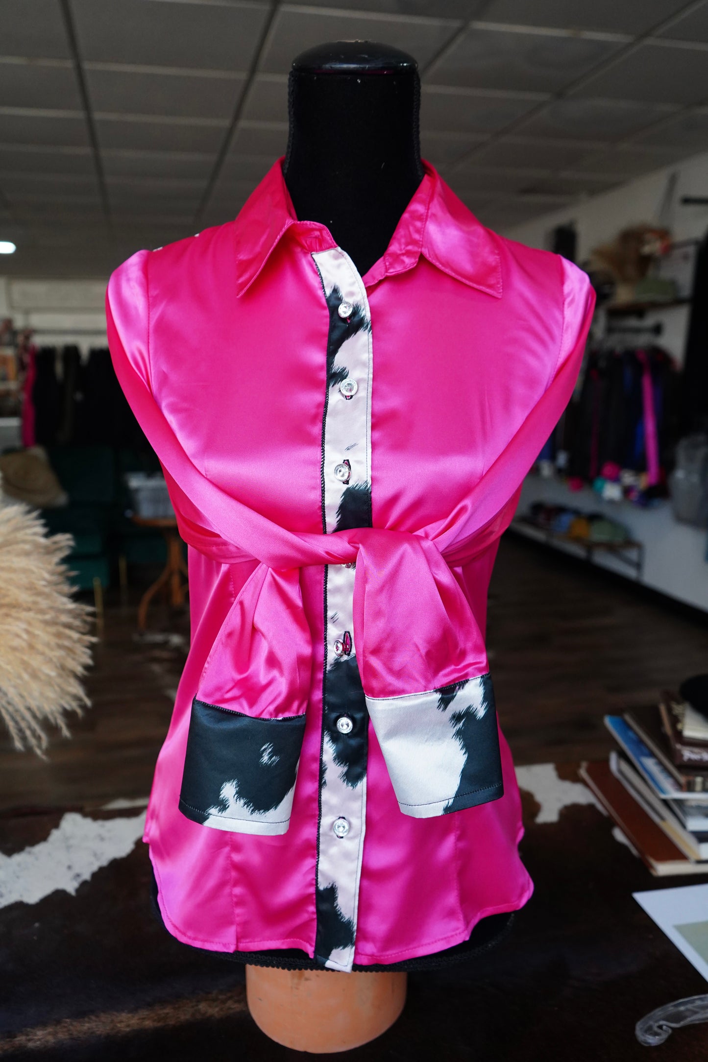 S - B/W Cow Print on Pink Satin Button Down