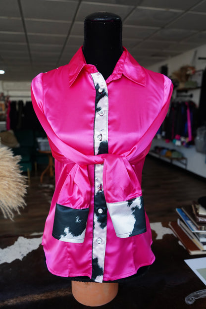 S - B/W Cow Print on Pink Satin Button Down