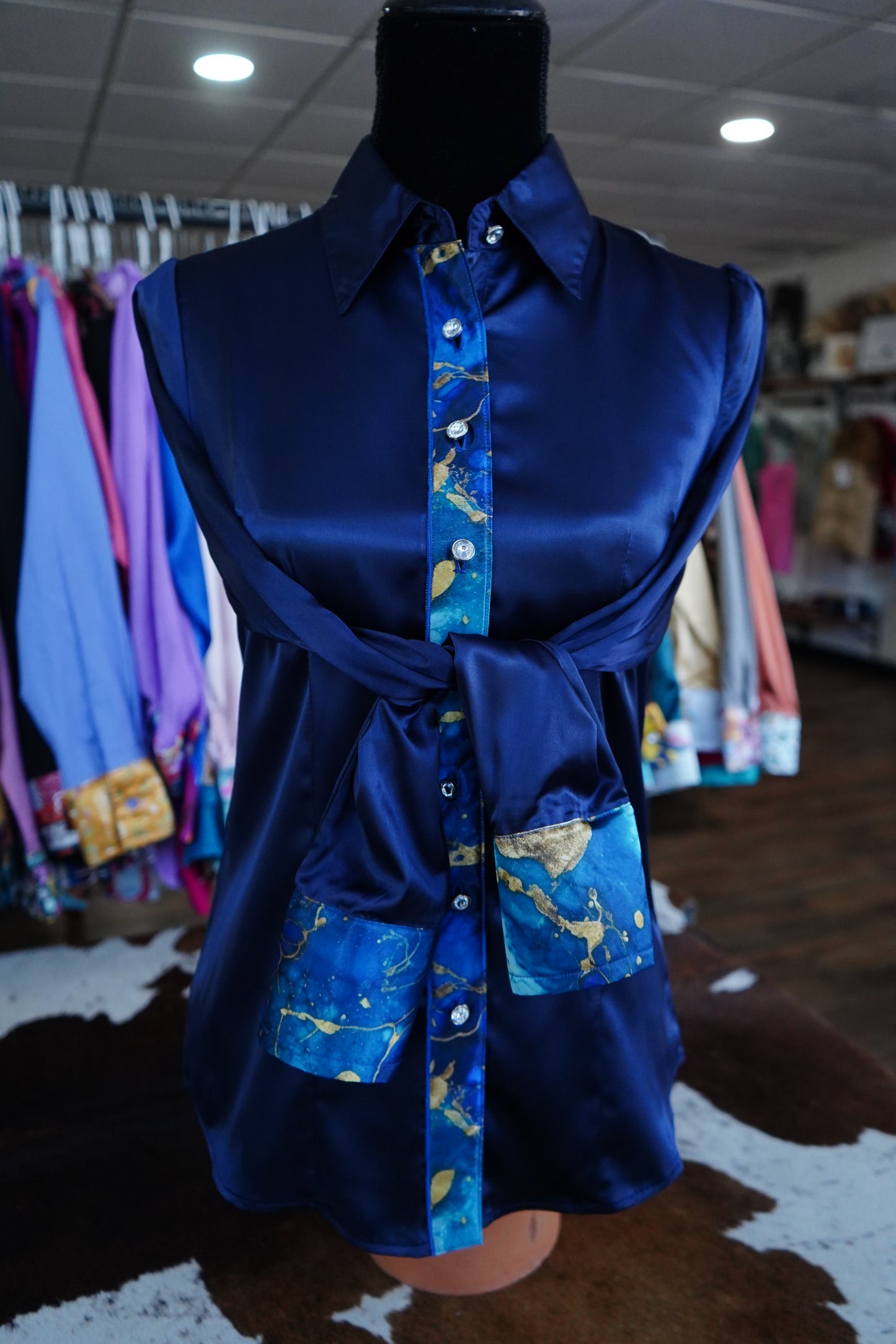 S - Gold, Emerald & Blue Watercolor on Navy Satin Button Down