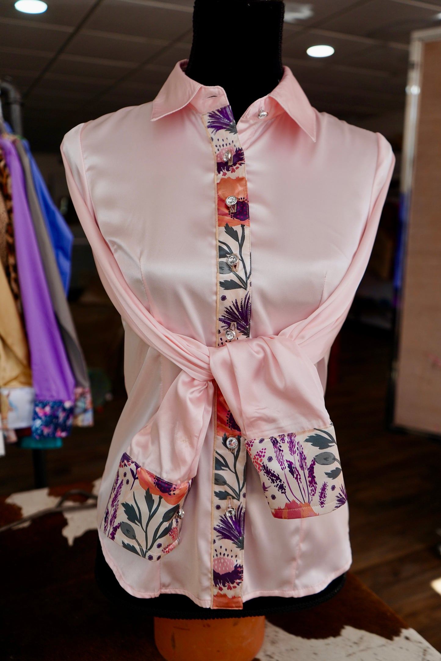 S - Plum Coral Floral on Light Pink Satin Button Down