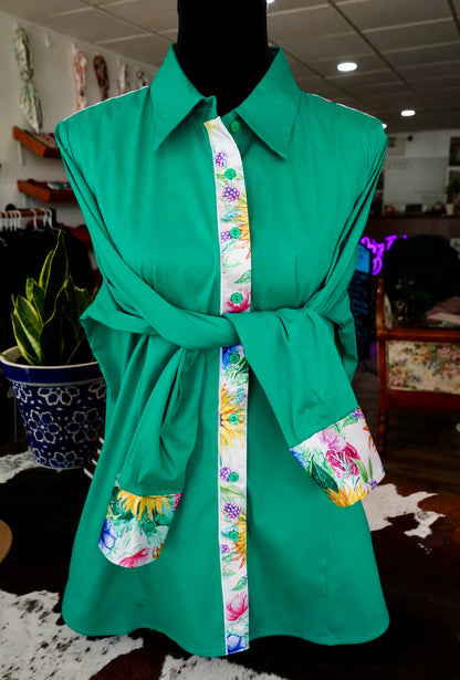 3XL - Sunflowers & Wildflowers on Kelly Green Cotton Button Down