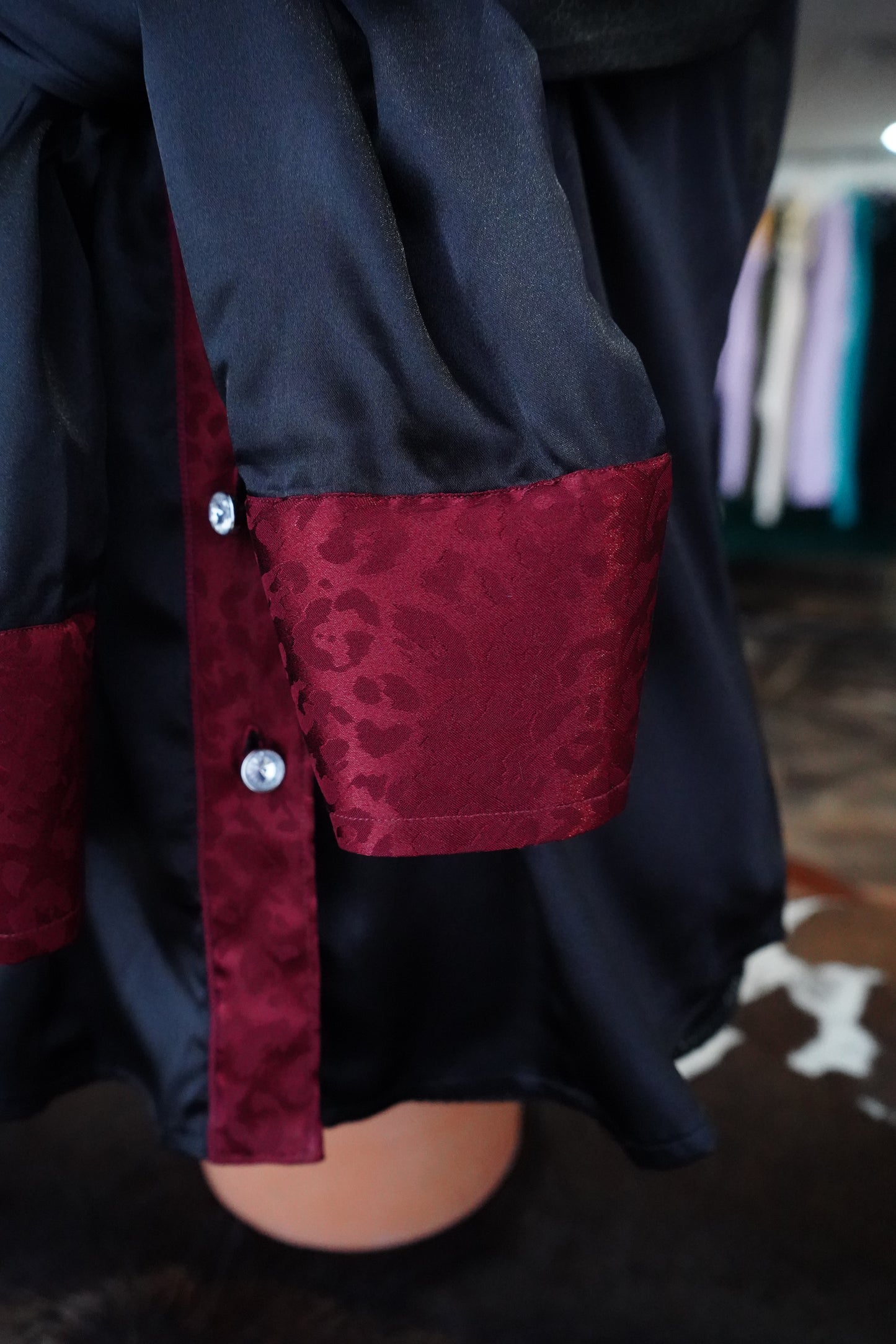 L - Maroon Jacquard Cheetah on Black Satin Button Down