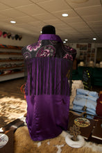 Load image into Gallery viewer, 2XL - Black &amp; Purple Floral Paisley w/ Black Fringe on Purple Button Down