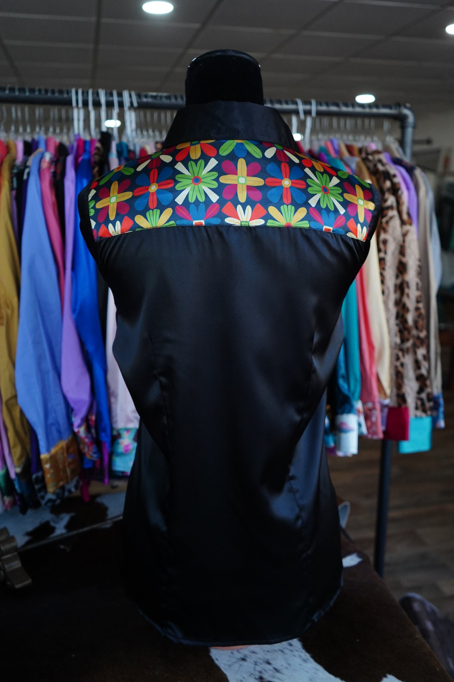 M - Multicolor Flowers on Black Satin Button Down
