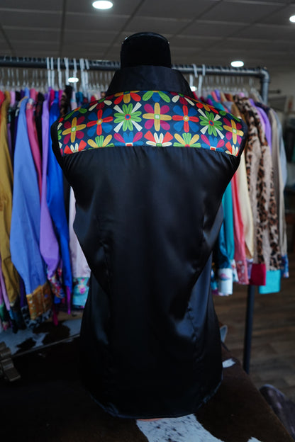 M - Multicolor Flowers on Black Satin Button Down