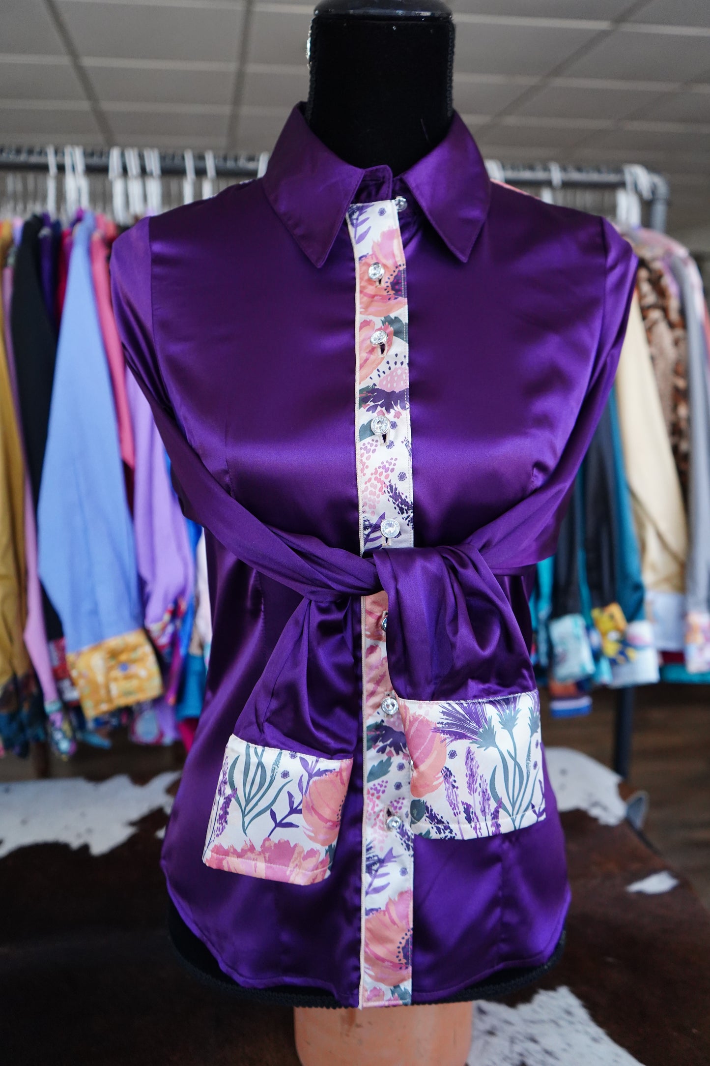 S - Plum & Coral Floral on Purple Satin Button Down