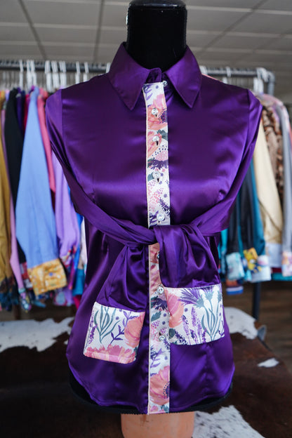 S - Plum & Coral Floral on Purple Satin Button Down