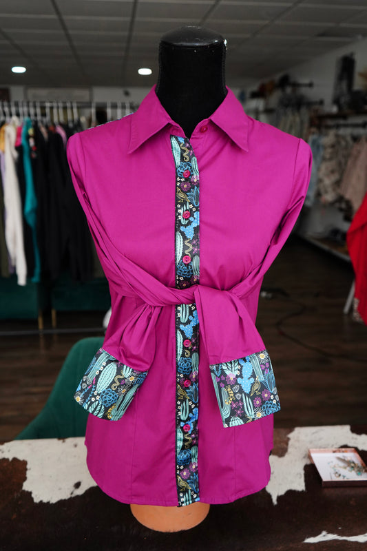 M - Magenta & Turquoise Cactus on Magenta Cotton Button Down