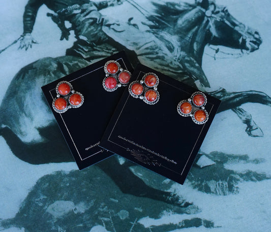 Myra Benally 3 Stone Orange Spiny Stud Earrings