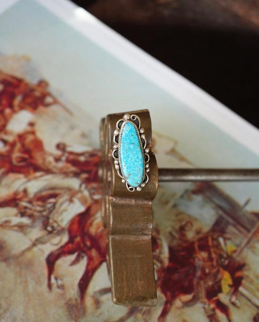 Long Oval Blue Turquoise w/ Beaded Shell Boarder Ring - Sz 8