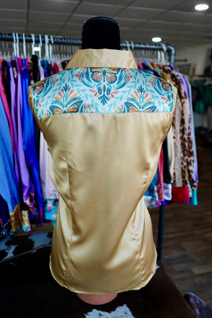 L - Caterpillar & Monarchs on Gold Satin Button Down