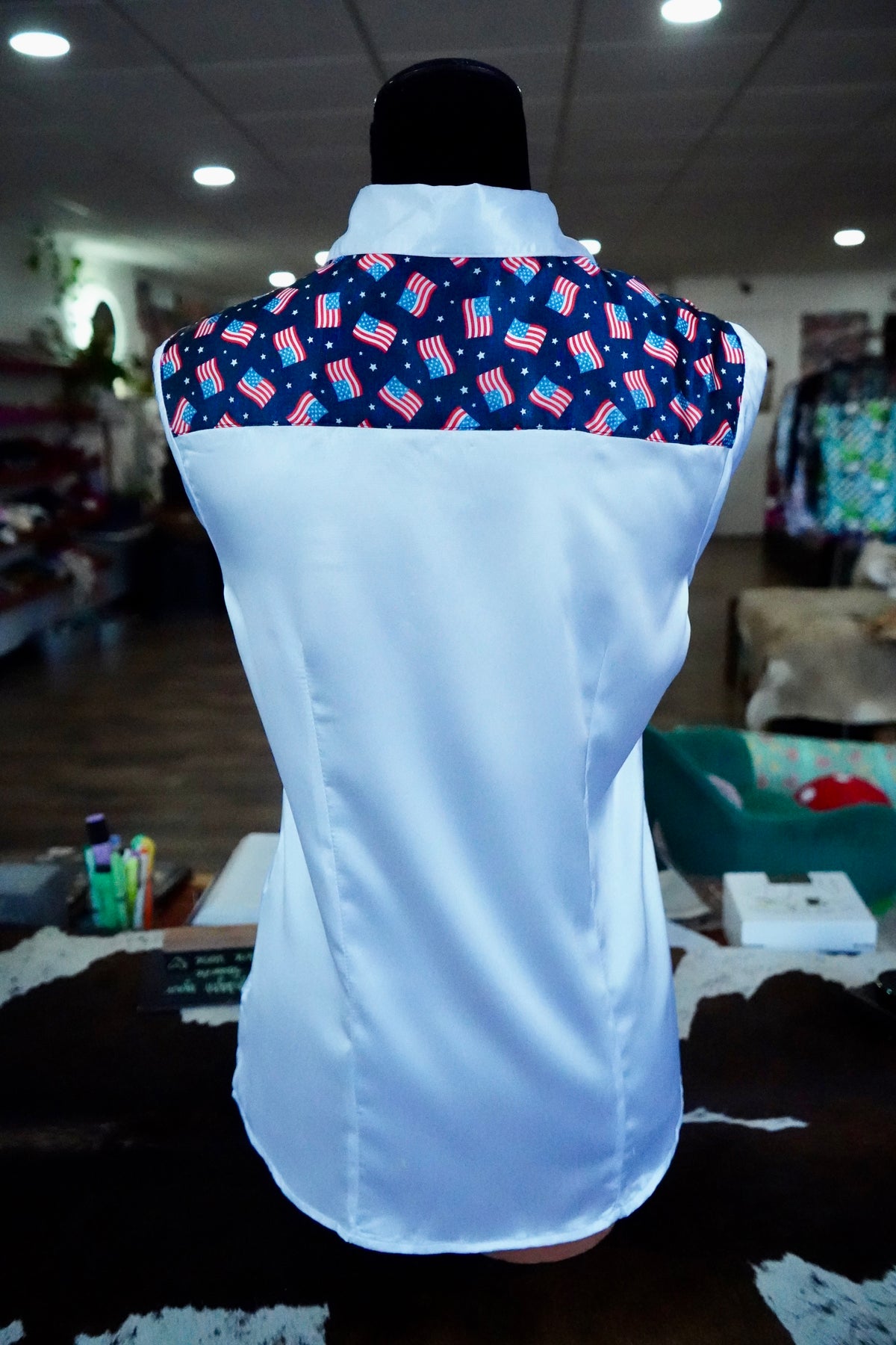M - Mini Flags on White Satin Button Down