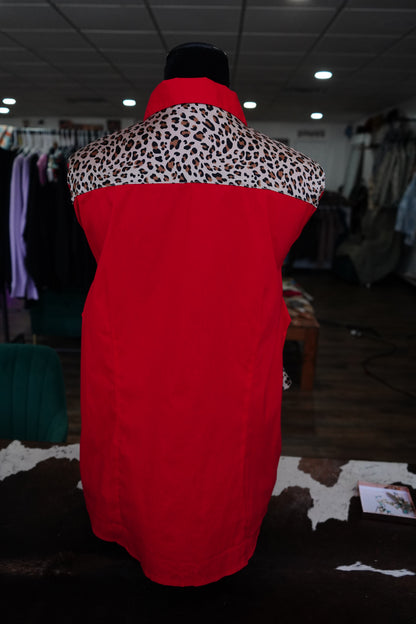 3XL - Cheetah on Red Cotton Button Down