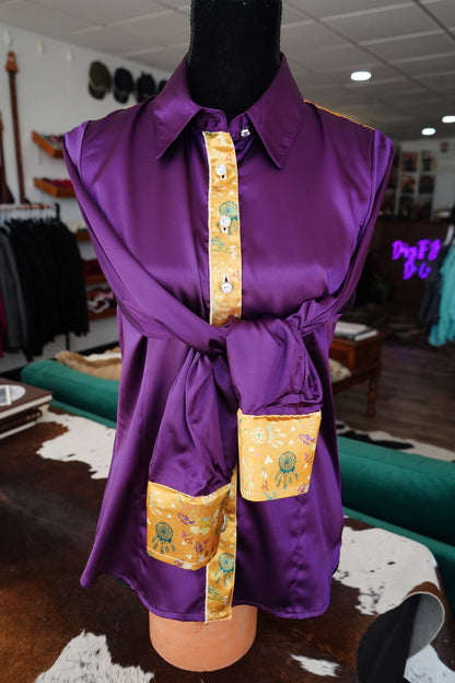 L - Mustard Dreamcatchers on Purple Satin Button Down