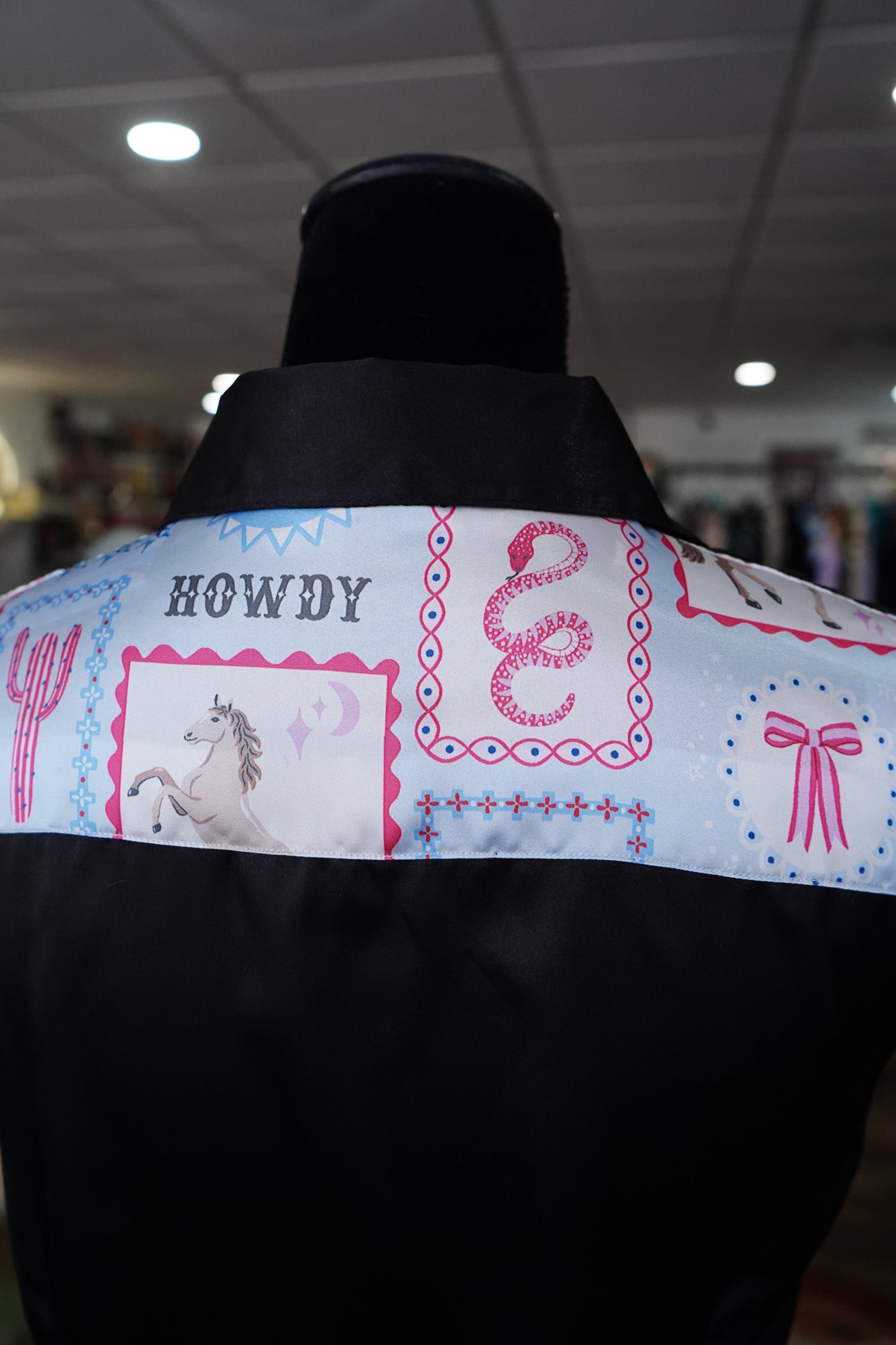 L - Pastel Cowgal Stamps on Black Satin Button Down