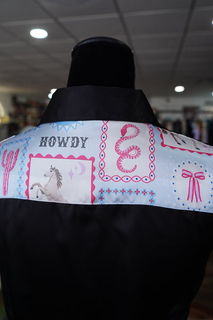 L - Pastel Cowgal Stamps on Black Satin Button Down