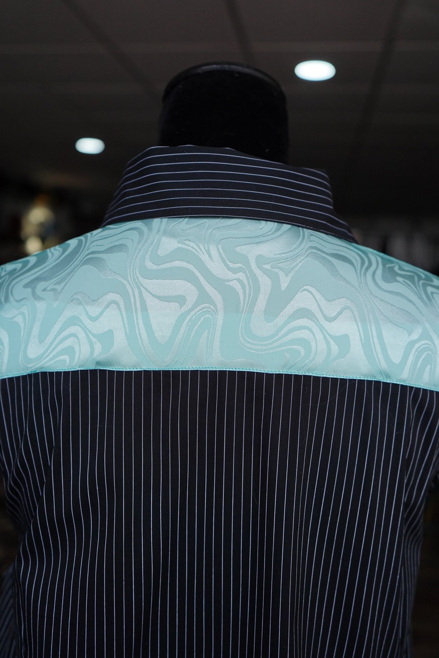 2XL - Teal Groovy Jacquard on B/W Striped Cotton Button Down