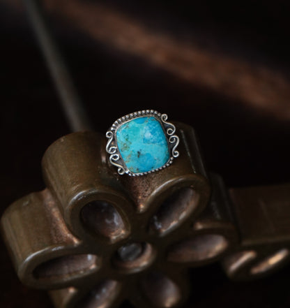 Turquoise Square w/ Silver Border Ring - Sz 8.5