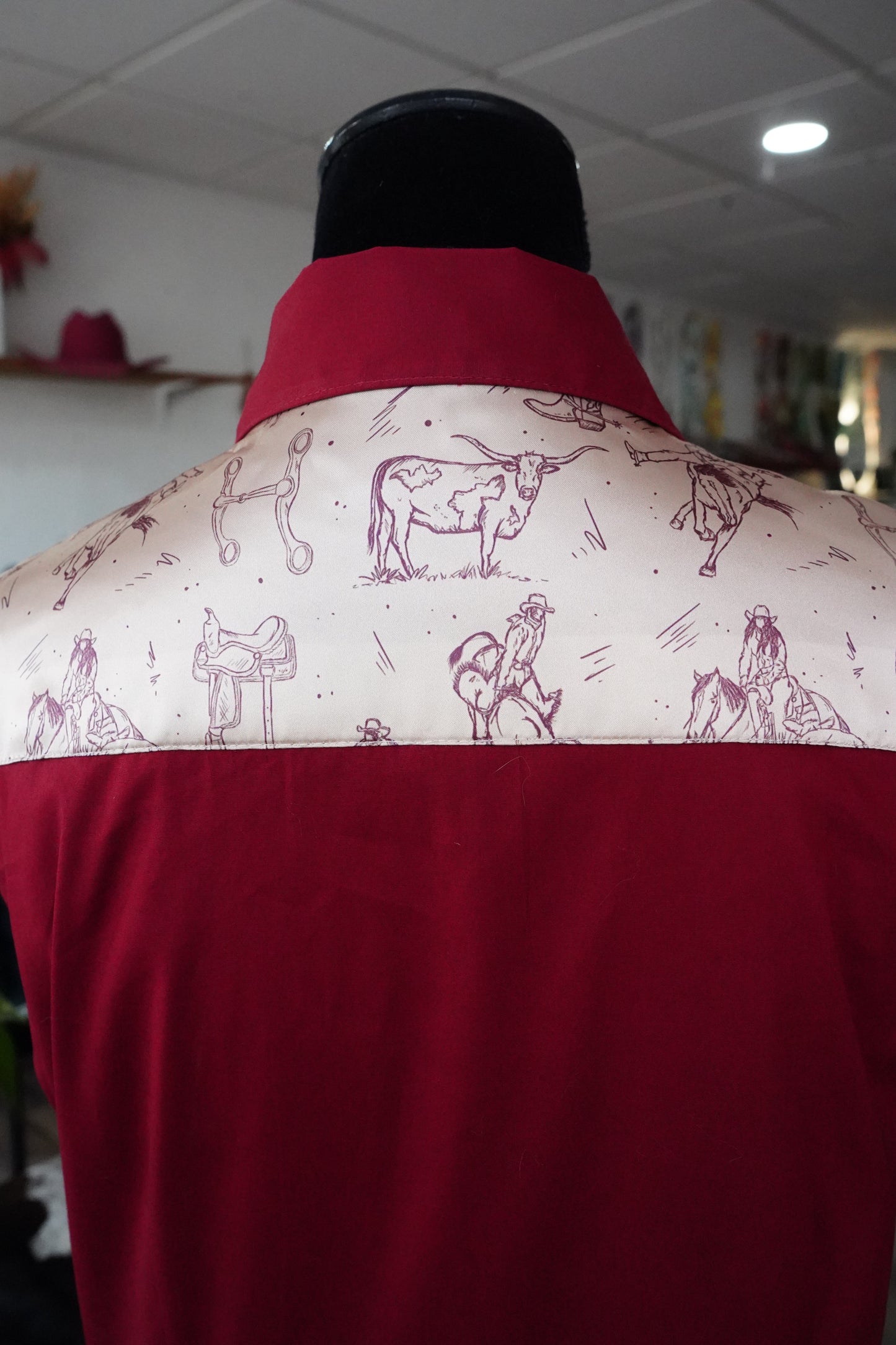 XL - Cowboy Sketches on Maroon Cotton Button Down