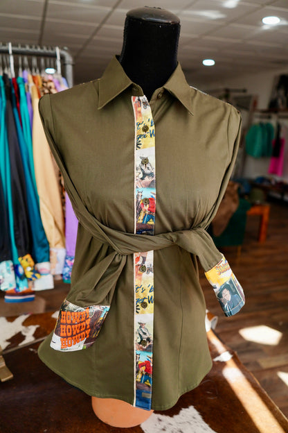 M - Western Movie Posters on Olive Cotton Button Down