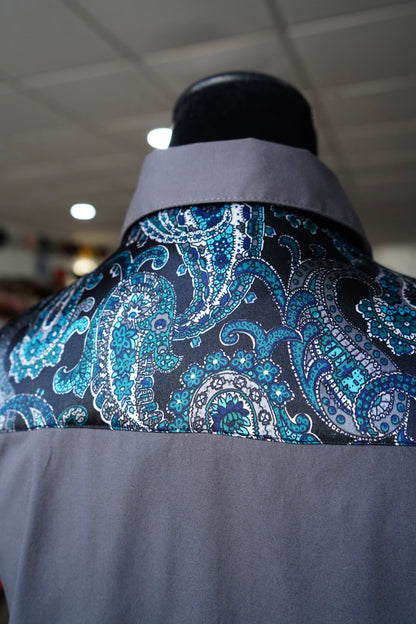 XL - Teal & Grey Paisley on Gray Cotton Button Down