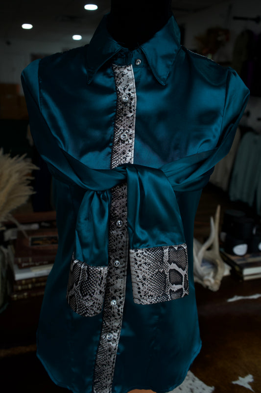 S - Snakeskin on Teal Satin Button Down
