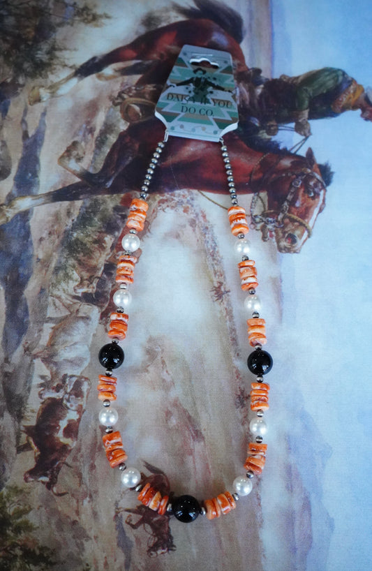 Orange Spiny, Freshwater Pearls, & Black Onyx Necklace - 20”