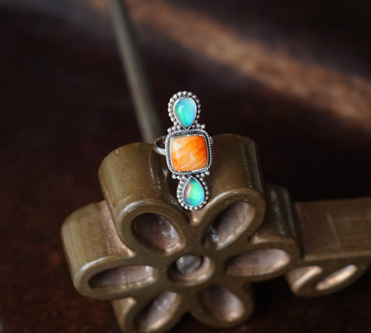 2 Stone Opal w/ Orange Spiny Square Ring - Adj