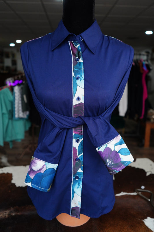 M - Navy & Purple Lg Floral on Navy Cotton Button Down