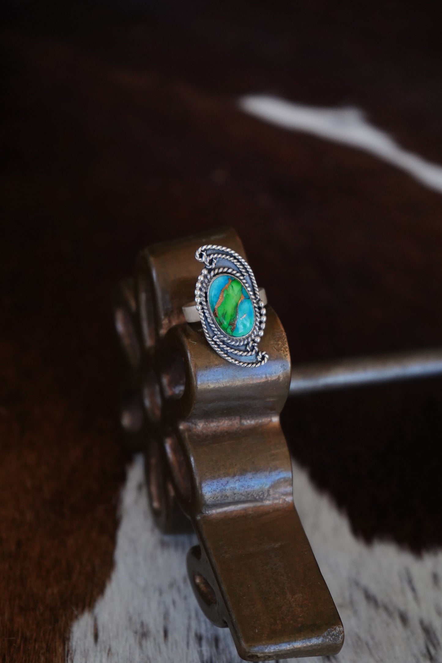 Peacock Dahlia w/ Silver Rope Swirls Ring - Adj