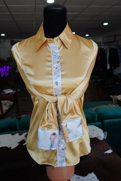 S - Raisin Cow Kids on Gold Satin Button Down