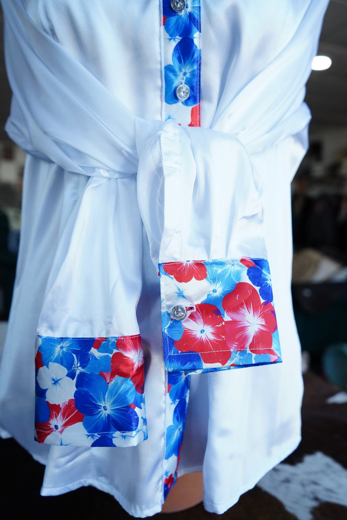 XL - Patriotic Hawaiian Floral on White Satin Button Down