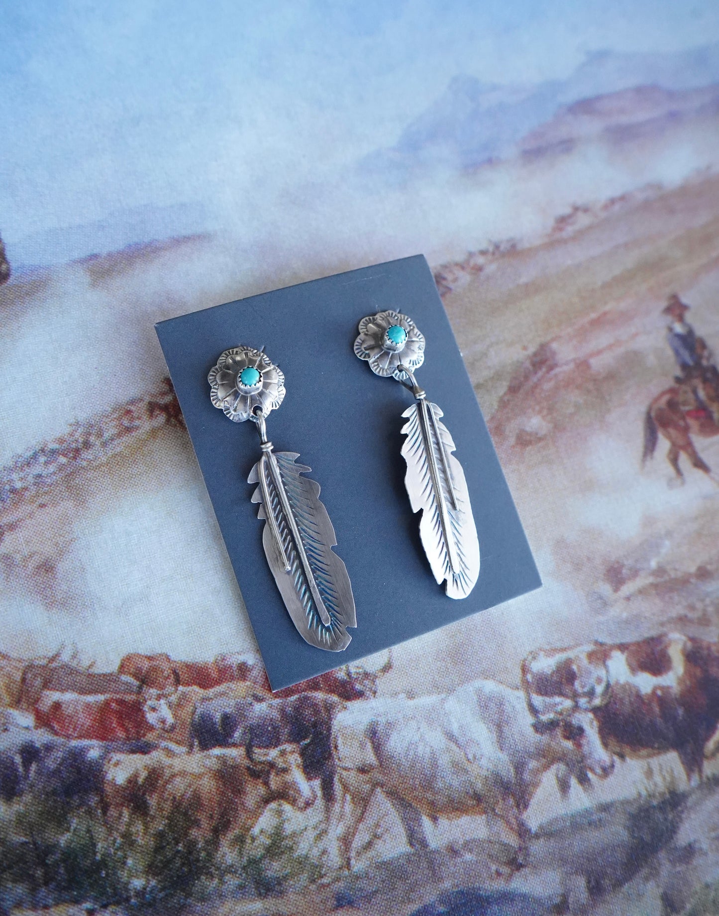 Charlene Yazzie Turquoise Dangly Feather Stud Earrings