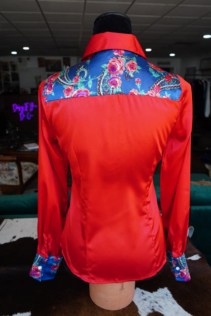 S - Blue Paisley w/ Pink Roses on Red Satin Button Down