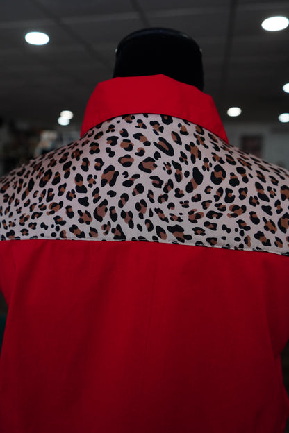3XL - Cheetah on Red Cotton Button Down