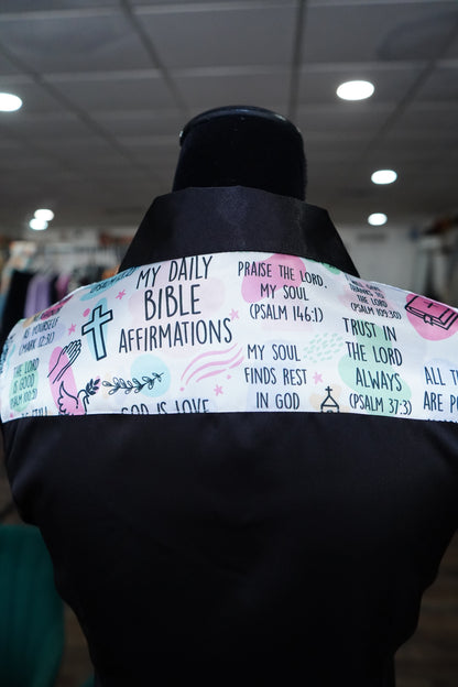 S - Faith Patches on Black Satin Button Down