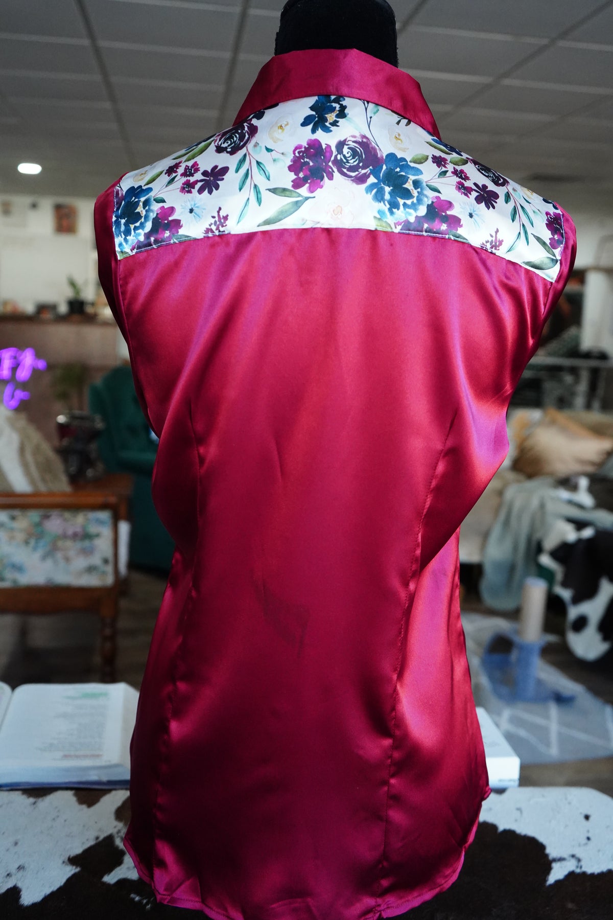 S - Plum Floral on Burgundy Satin Button Down