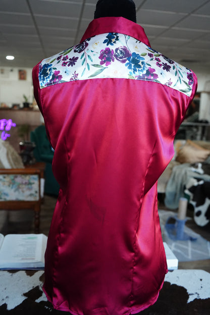 S - Plum Floral on Burgundy Satin Button Down