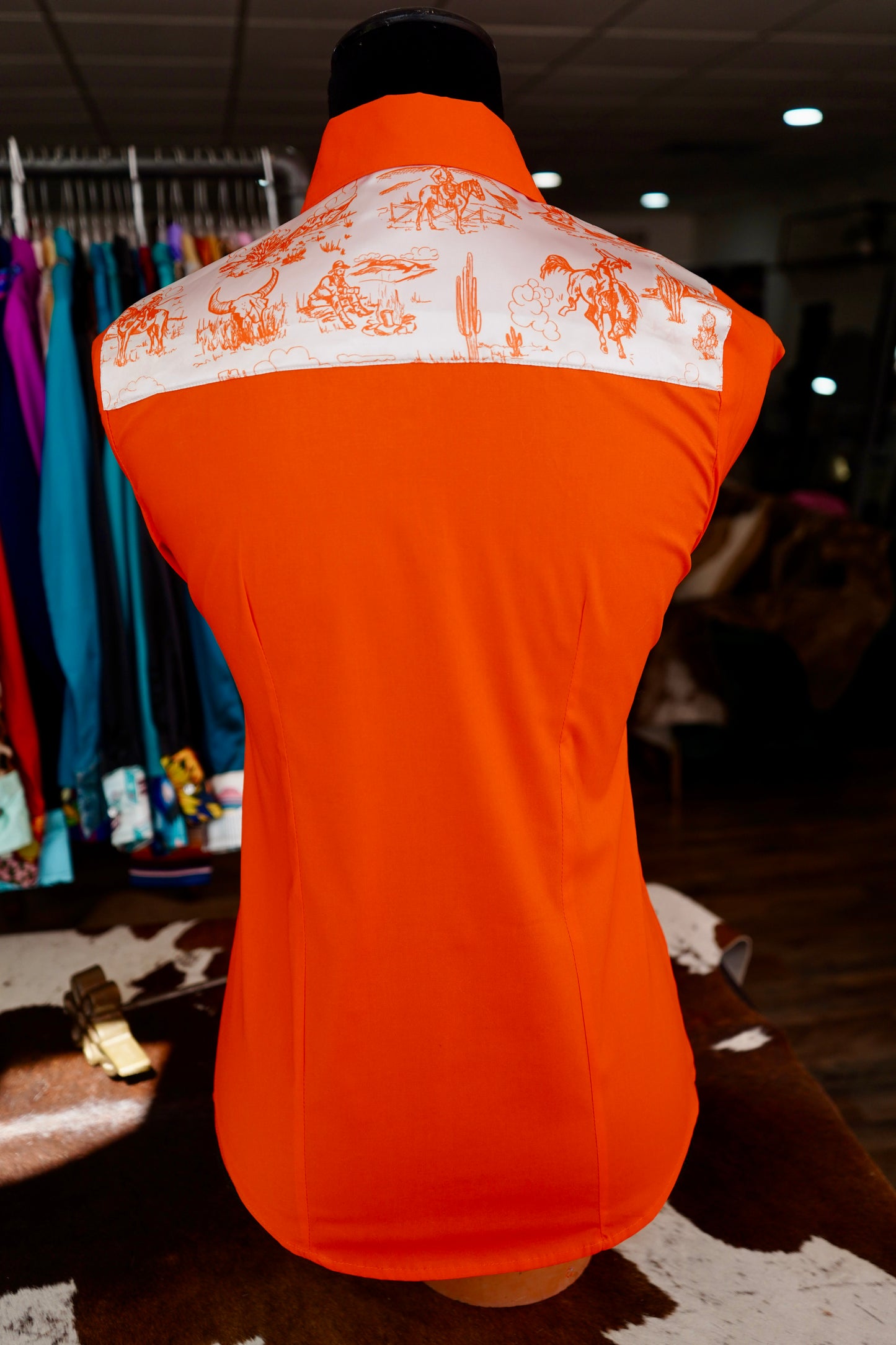 S - Pokes Prairie on Orange Cotton Button Down