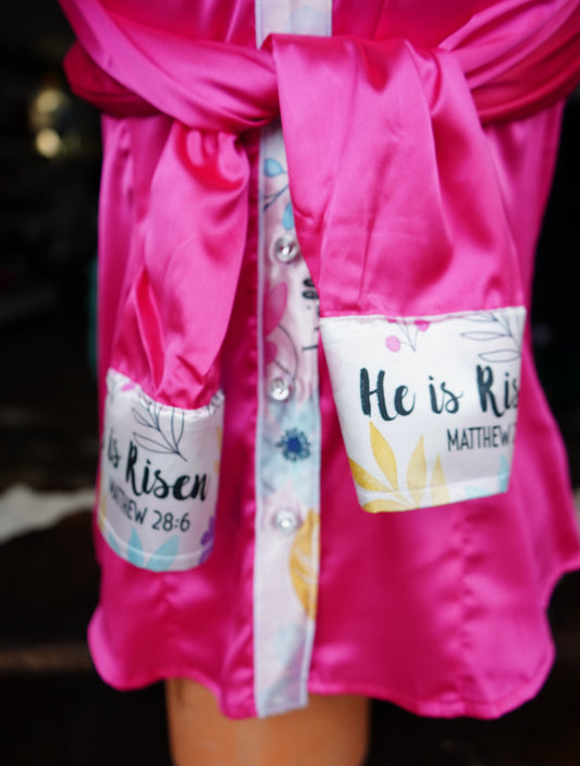 L - Watercolor Verses on Hot Pink Satin Button Down w/ Fringe