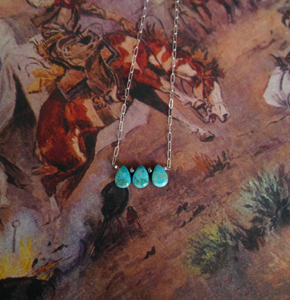 3 Stone Turquoise Teardrops on Paper Clip Chain Necklaces