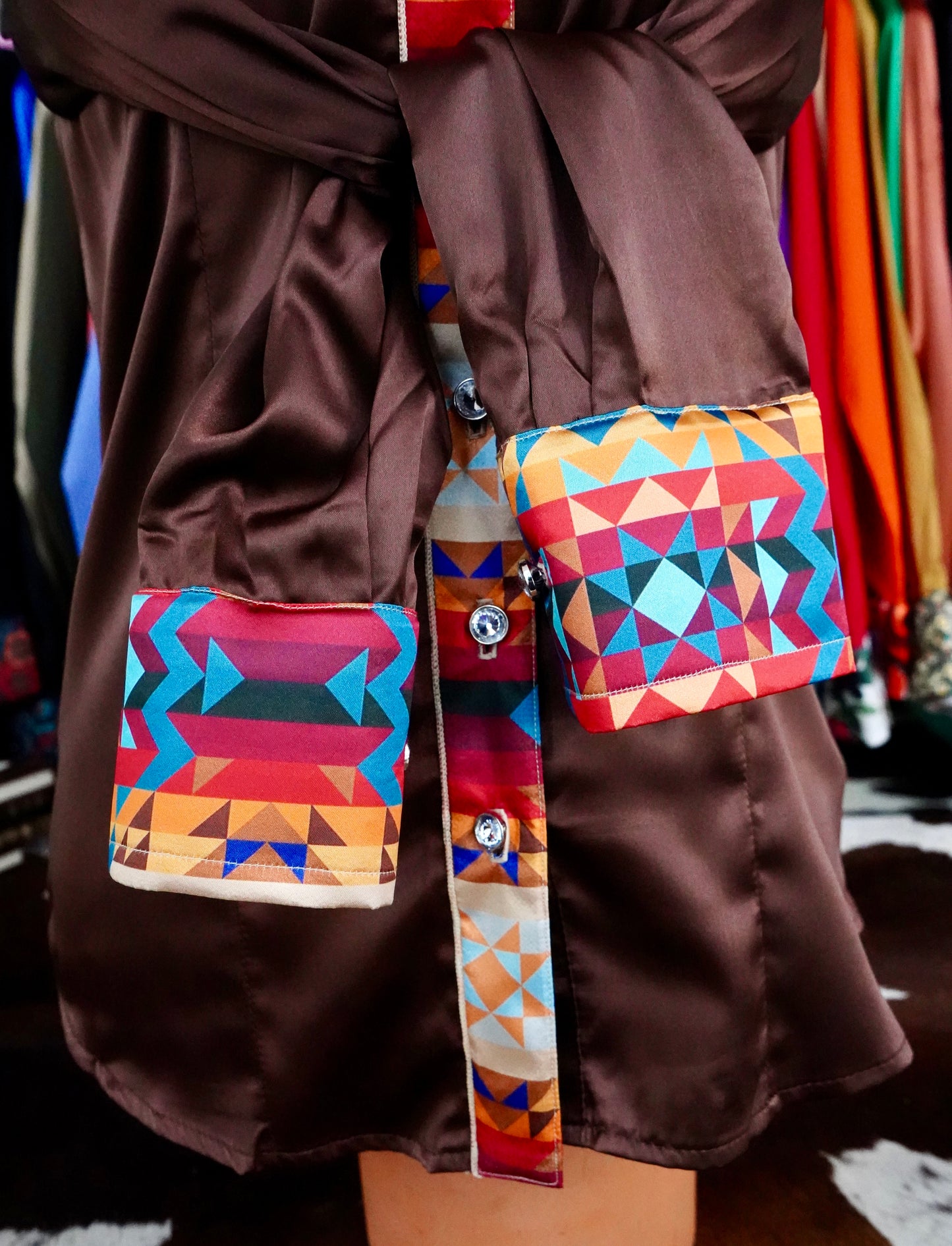 S - Sunrise Aztec on Brown Satin Button Down