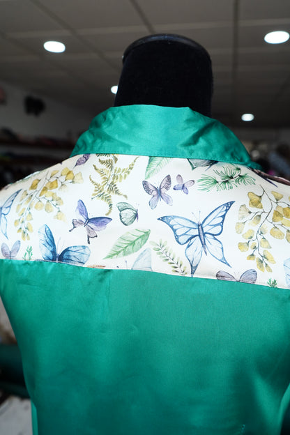 M - Butterflies & Leaves on Emerald Satin Button Down