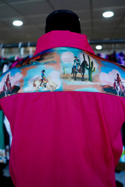 XL - Painted Cowboys on Hot Pink Cotton Button Down
